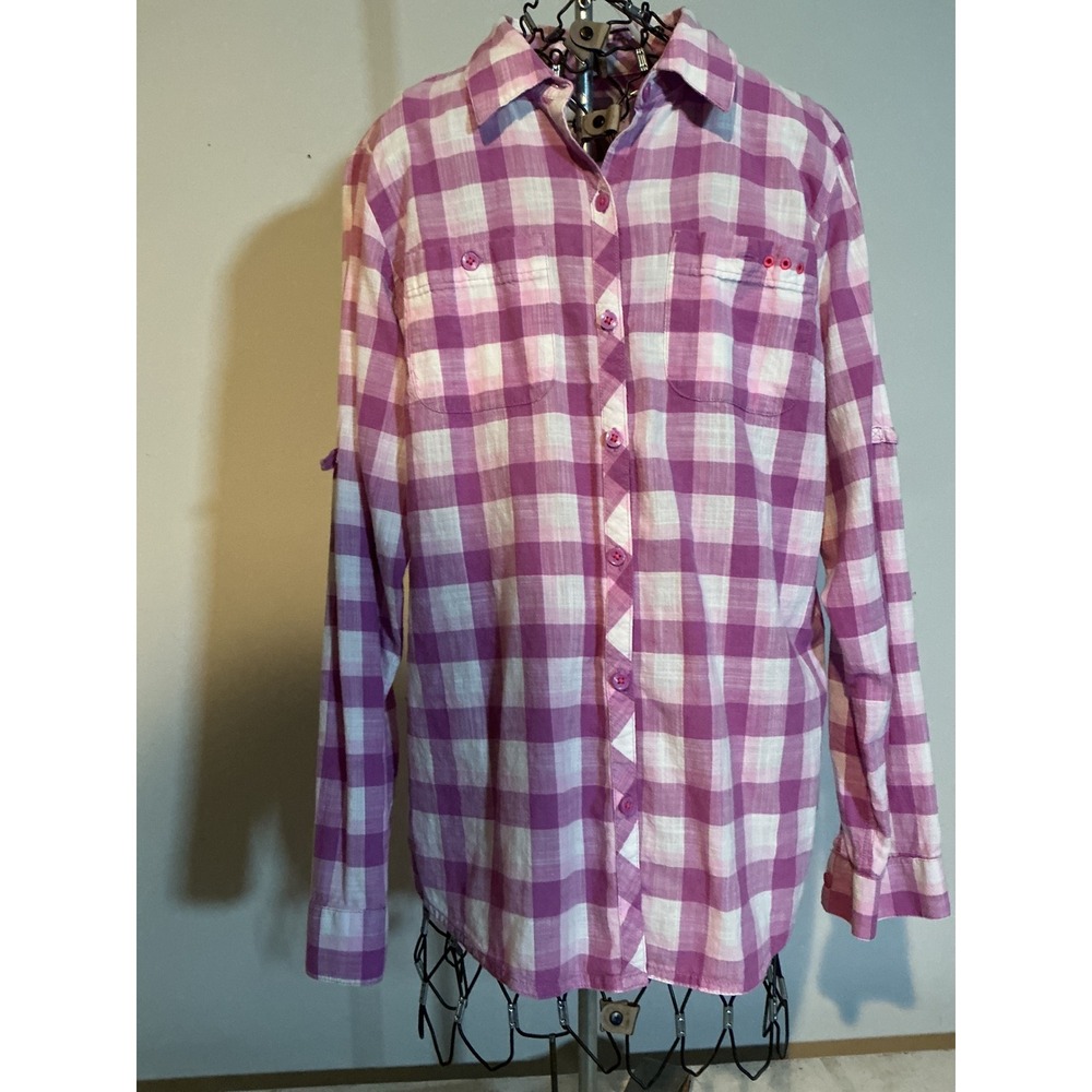 Columbia Womens Purple Pink Plaid Roll Tab Long Sleeve Button Down Shirt Large